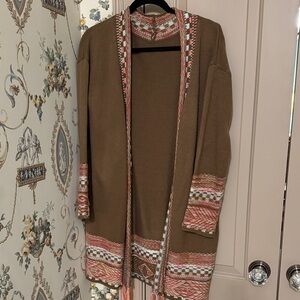 SHEIN Brown Knit Cardigan with Pink and Blue Patterns
